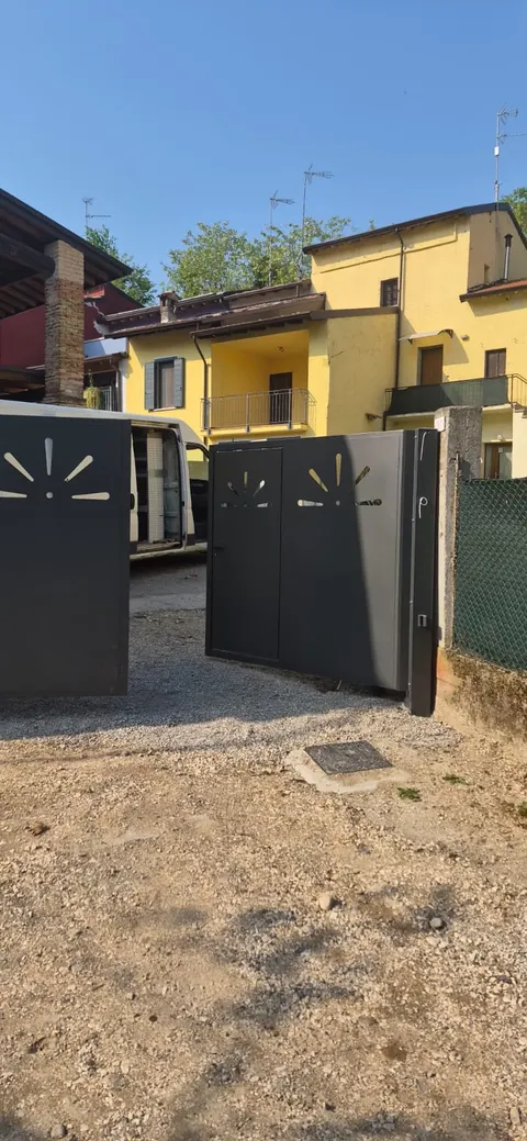 Poartă batantă deschisă, cu canatul decorat cu decupaje